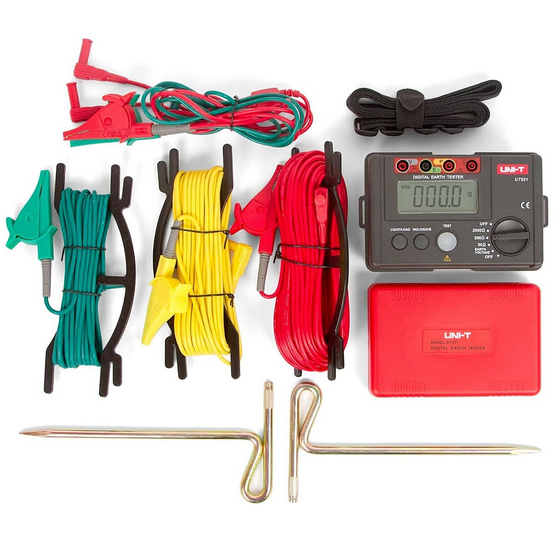 Accessories for the UNI-T UT521 ground tester, featuring auxiliary earth spikes, alligator clips, and color-coded test leads for precise 3-wire measurement.