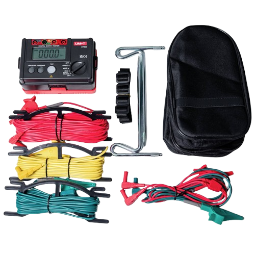 The UNI-T UT522 digital earth tester with its high-resolution 4000-count display, shown alongside its complete set of probes, earth spikes, and test leads.