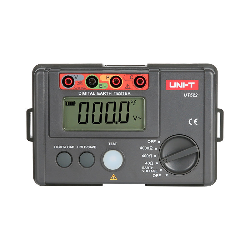 Front view of the UNI-T UT522 high-precision earth tester, showing its 4000-count digital display reading zero volts and the clear function dial.