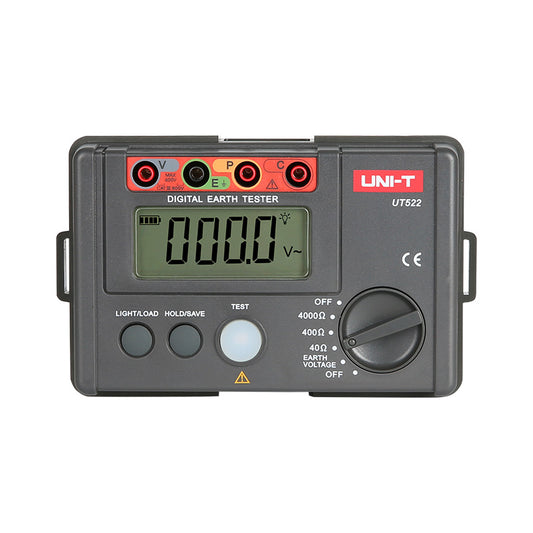 Front view of the UNI-T UT522 high-precision earth tester, showing its 4000-count digital display reading zero volts and the clear function dial.