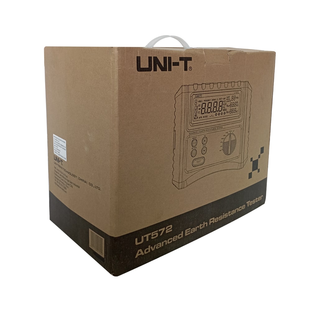 UNI-T UT572 Advanced Earth Resistance Tester official retail packaging with product branding, highlighting 2/3/4-wire ground testing capability and professional grounding measurement features