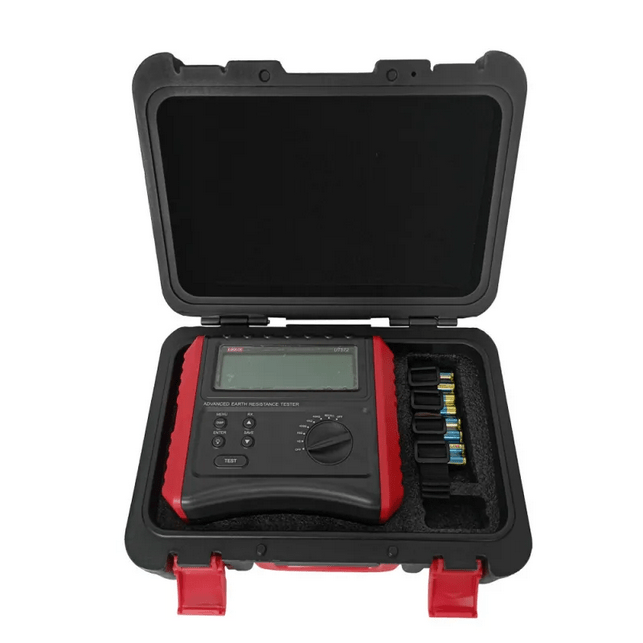UNI-T UT572 Earth Resistance Tester neatly organized in protective carrying box with 8x AA batteries, elastic securing straps, and accessories for safe transportation and storage