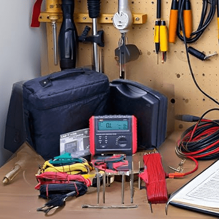 UNI-T UT572 Advanced 4-Wire Earth Tester with complete accessories displayed in professional electrical workshop environment with measurement tools and equipment