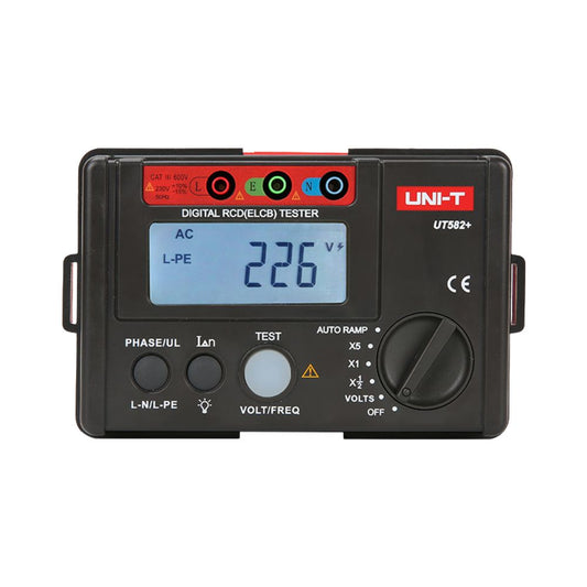 UNI-T UT582+ Digital RCD ELCB Tester front view — portable single-phase trip time tester