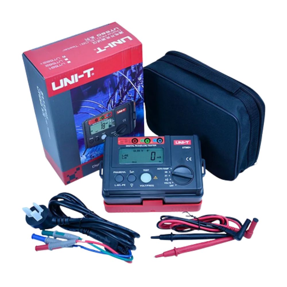 UNI-T UT582+ Digital RCD ELCB Tester complete set with test leads, accessories and carrying case
