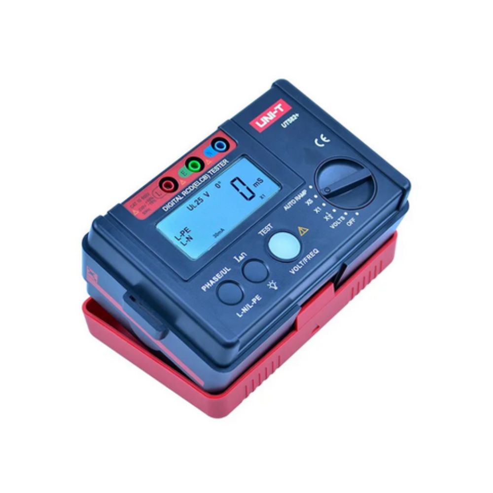 UNI-T UT582+ portable RCD tester ready for use — compact handheld digital RCCB test instrument