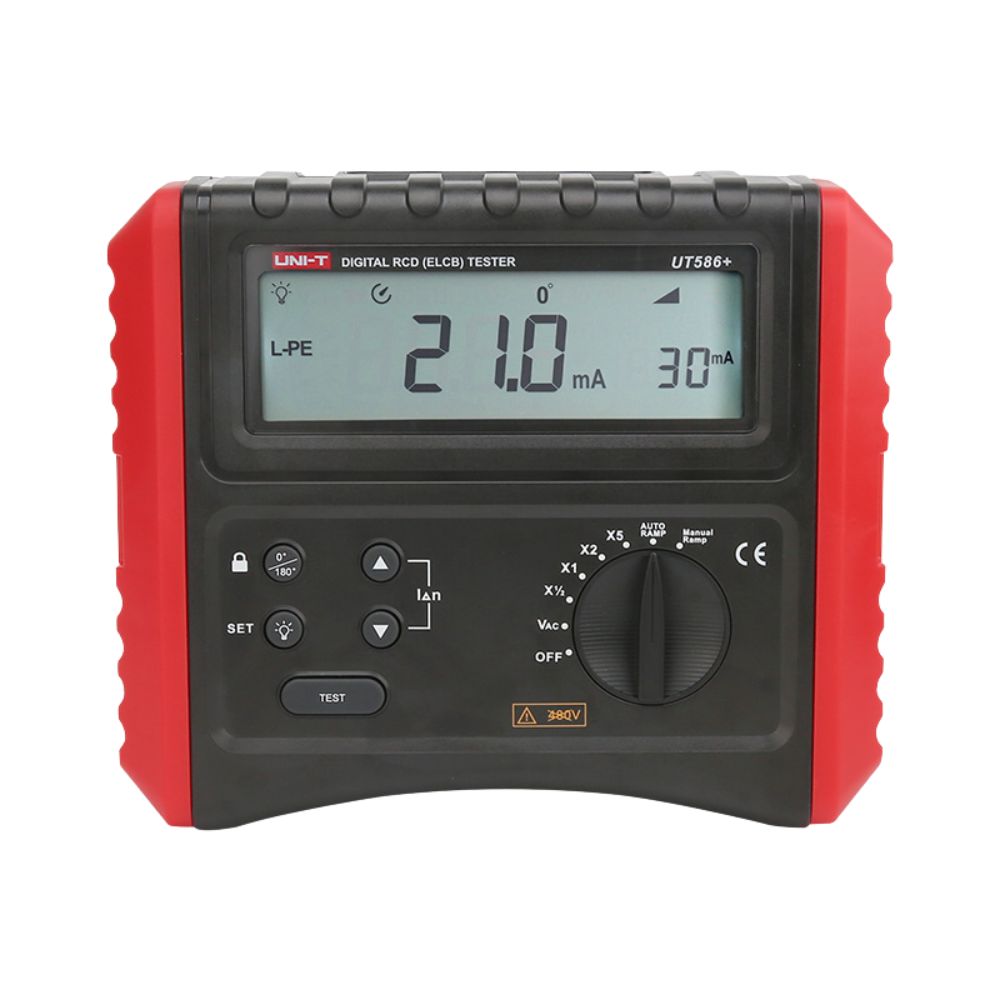 UNI-T UT586+ Three-Phase RCD and Loop Impedance Tester front view — single and three-phase ELCB tester