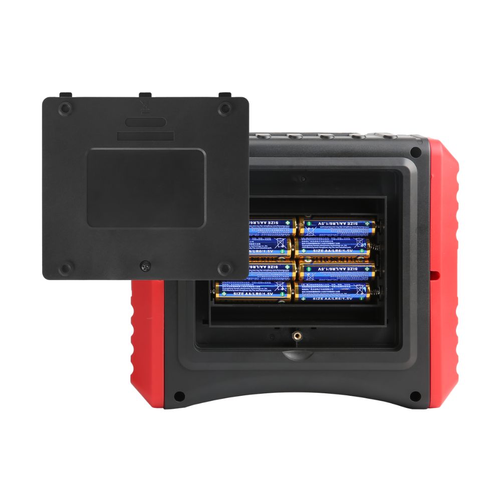 UNI-T UT593 Multifunction Electrical Installation Tester back view with battery cover removed showing 8 batteries