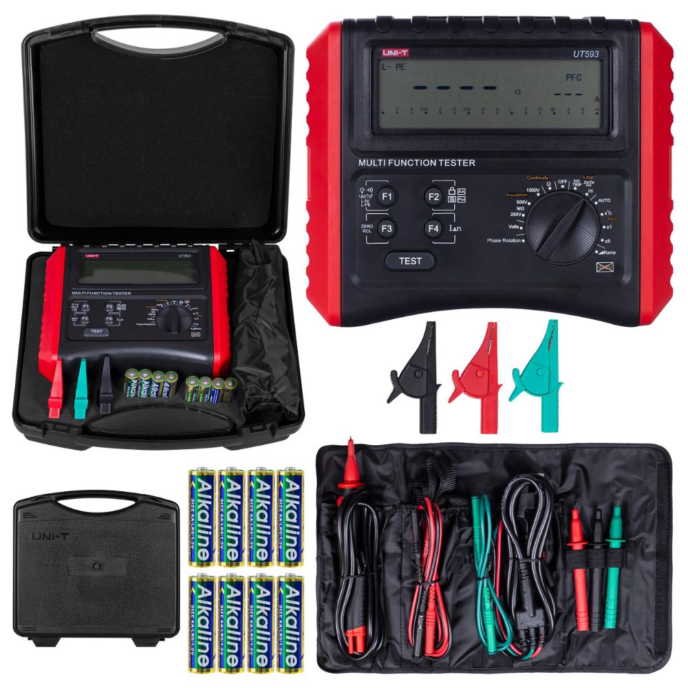UNI-T UT593 Multifunction Installation Tester complete set with test leads, accessories and carrying box