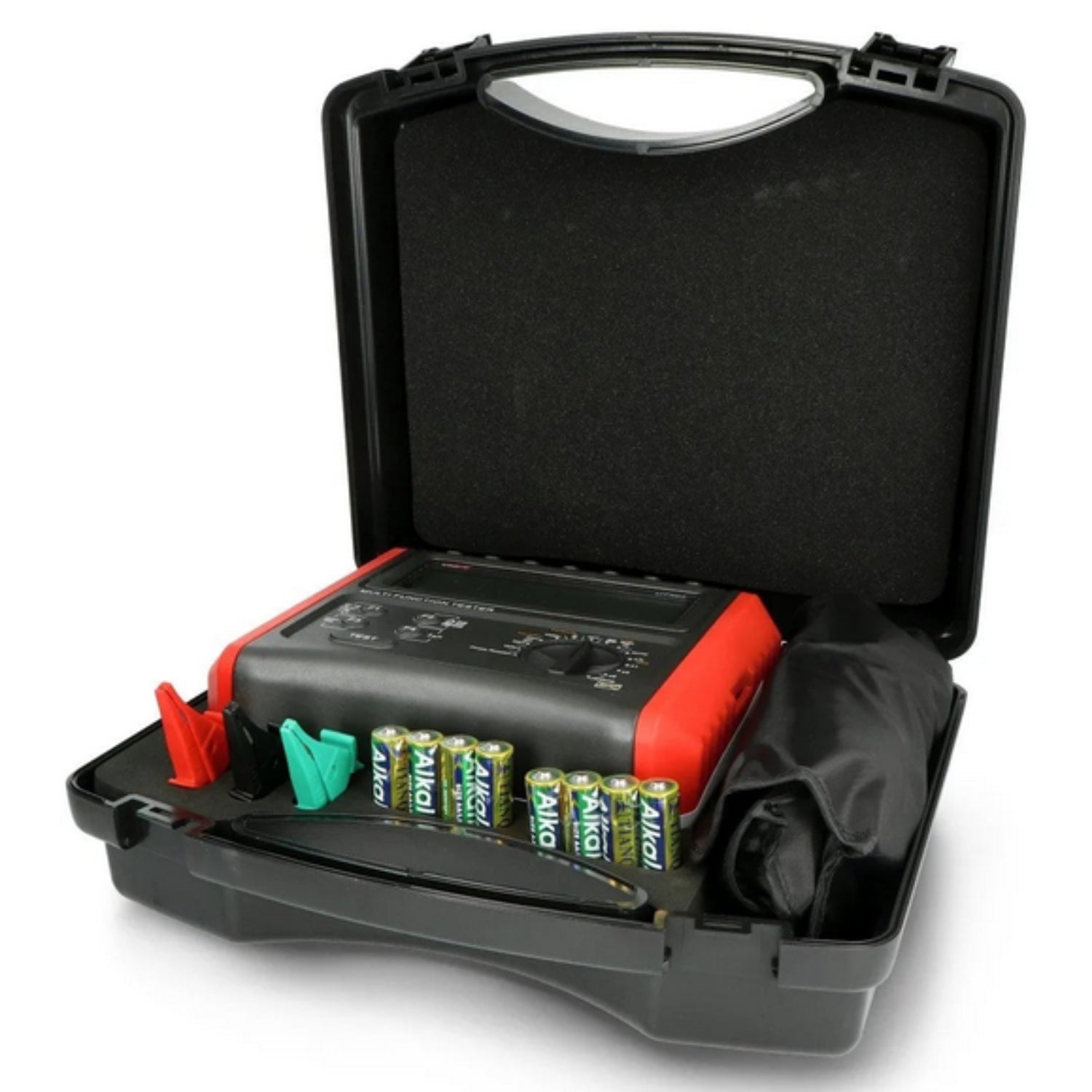 UNI-T UT595 Comprehensive Electrical Safety Tester neatly arranged inside the carrying case