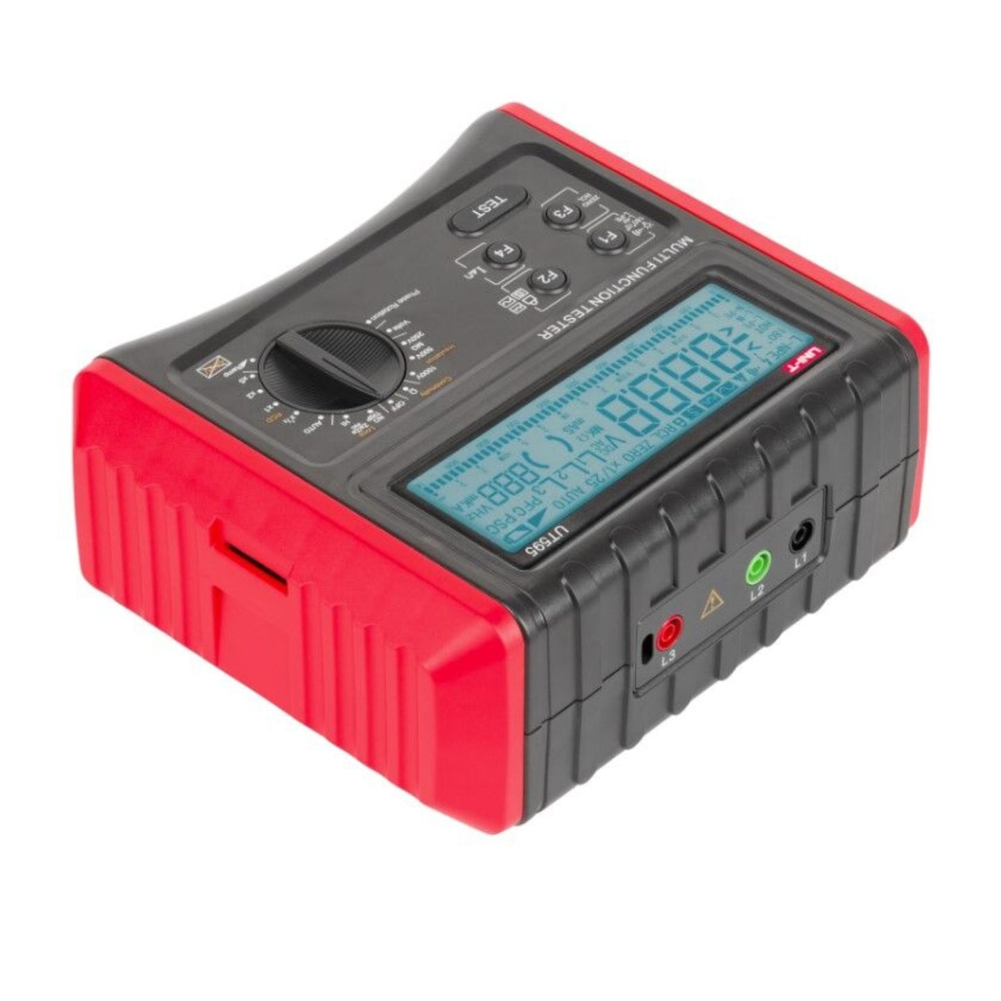 UNI-T UT595 comprehensive electrical safety tester side view showing rugged handheld design and display