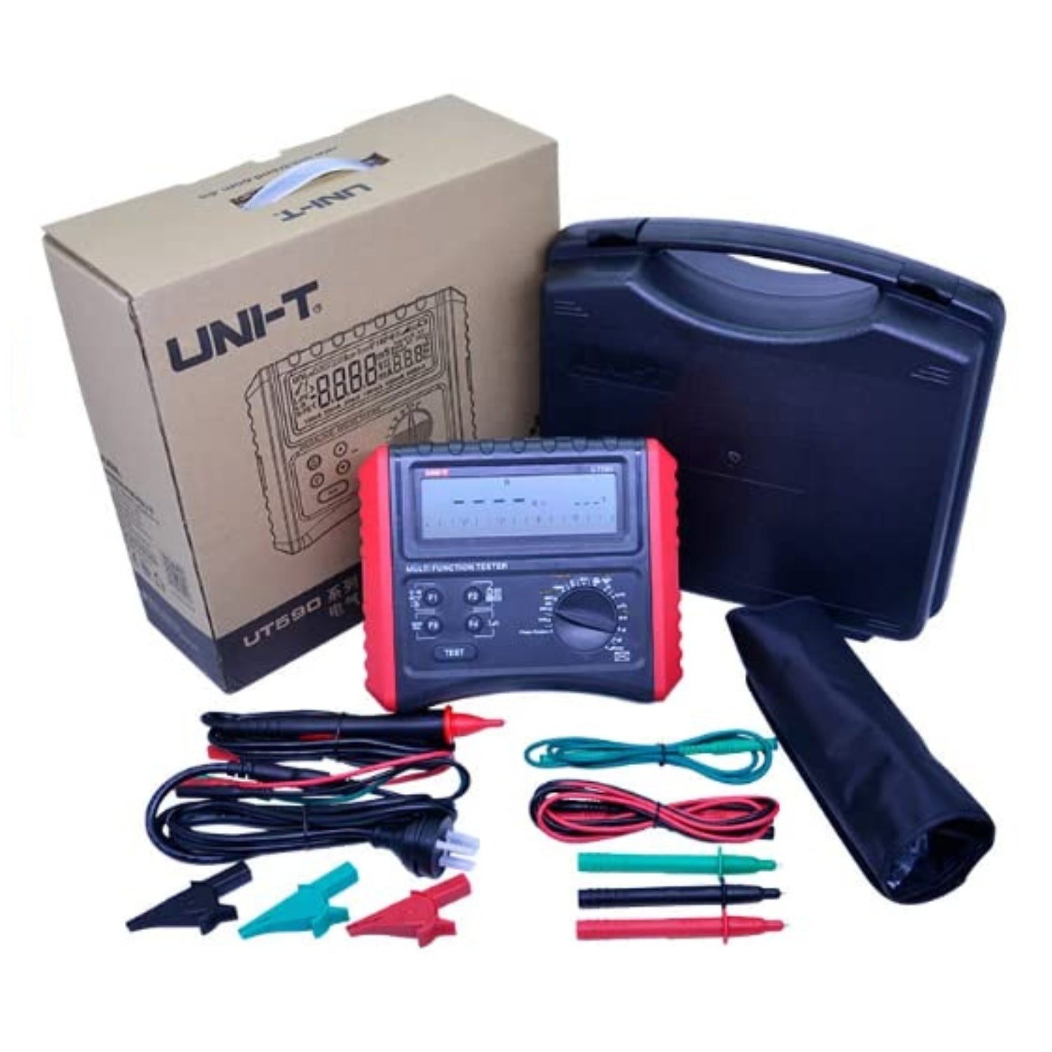 UNI-T UT595 complete kit with tester, test leads, crocodile clips, carrying case, retail box | Electrical installation tester full package for HVAC contractors, wiring compliance testing in Sri Lanka