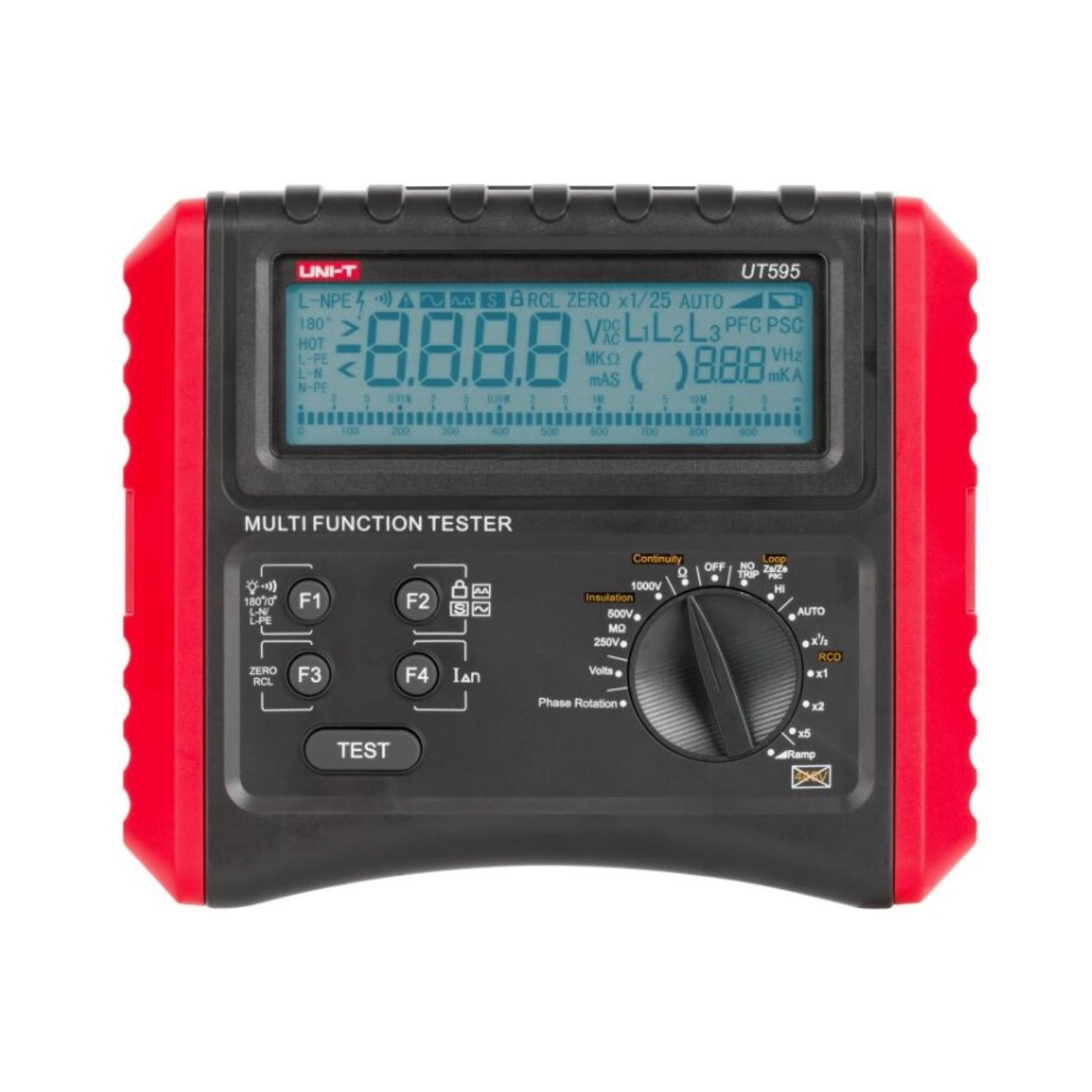 UNI-T UT595 Multifunction Installation Tester front view | Electrical safety tester display on, insulation resistance meter, loop impedance tester, RCD tester for Sri Lanka electricians