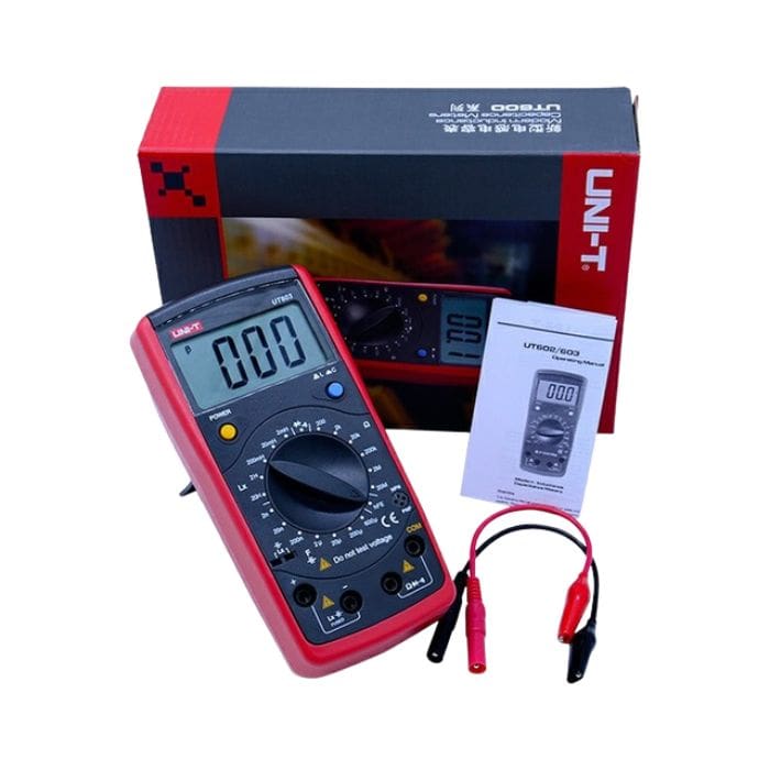 Complete UNI-T UT603 LCR Meter Kit - Digital RLC Component Tester Unboxing - Includes Retail Box, Alligator Clip Test Leads, and User Manual - Portable Electronics Troubleshooting Tool