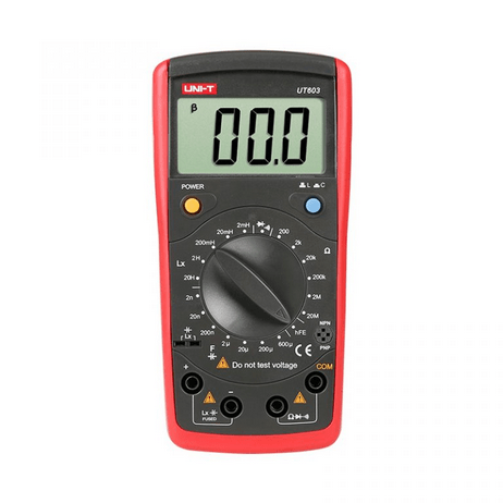 UNI-T UT603 Digital LCR Meter Front View - Handheld Inductance Capacitance Resistance Tester - Transistor hFE Beta Test Mode Displaying 0.00 - Precision Electronic Component Analyzer