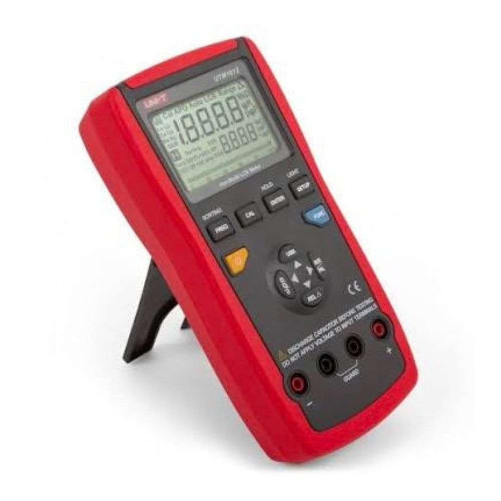 UNI-T UT612 LCR meter side view showing built-in kickstand for benchtop use