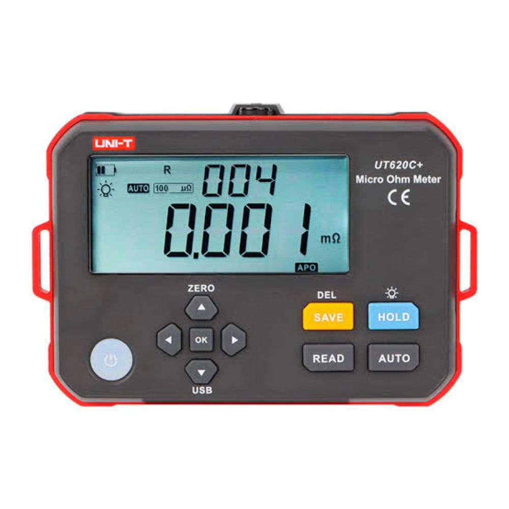 Front view of the UNI-T UT620C+ digital micro ohm meter with LCD display and control buttons.
