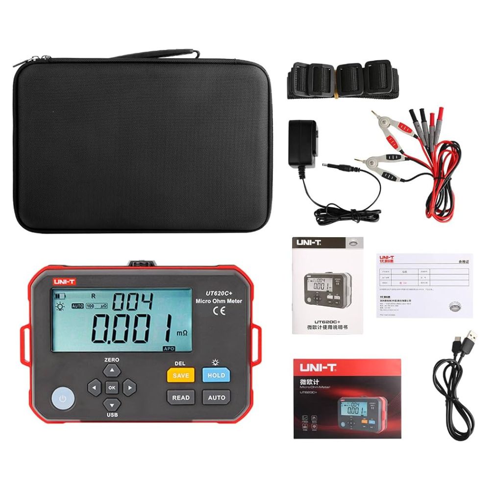 UNI-T UT620C+ micro ohm meter full set with four-wire test leads and alligator clips.