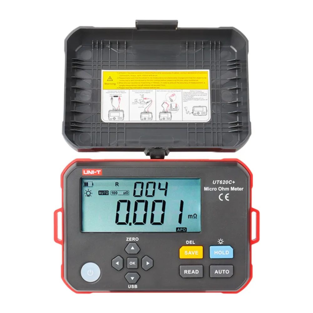 UNI-T UT620C+ micro ohm meter ready for low resistance measurement with connected four-wire test leads.
