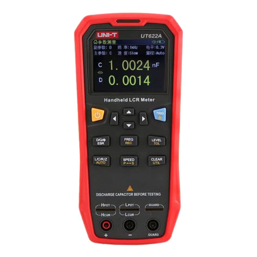 UNI-T UT622A 10kHz handheld LCR meter front view with colour display