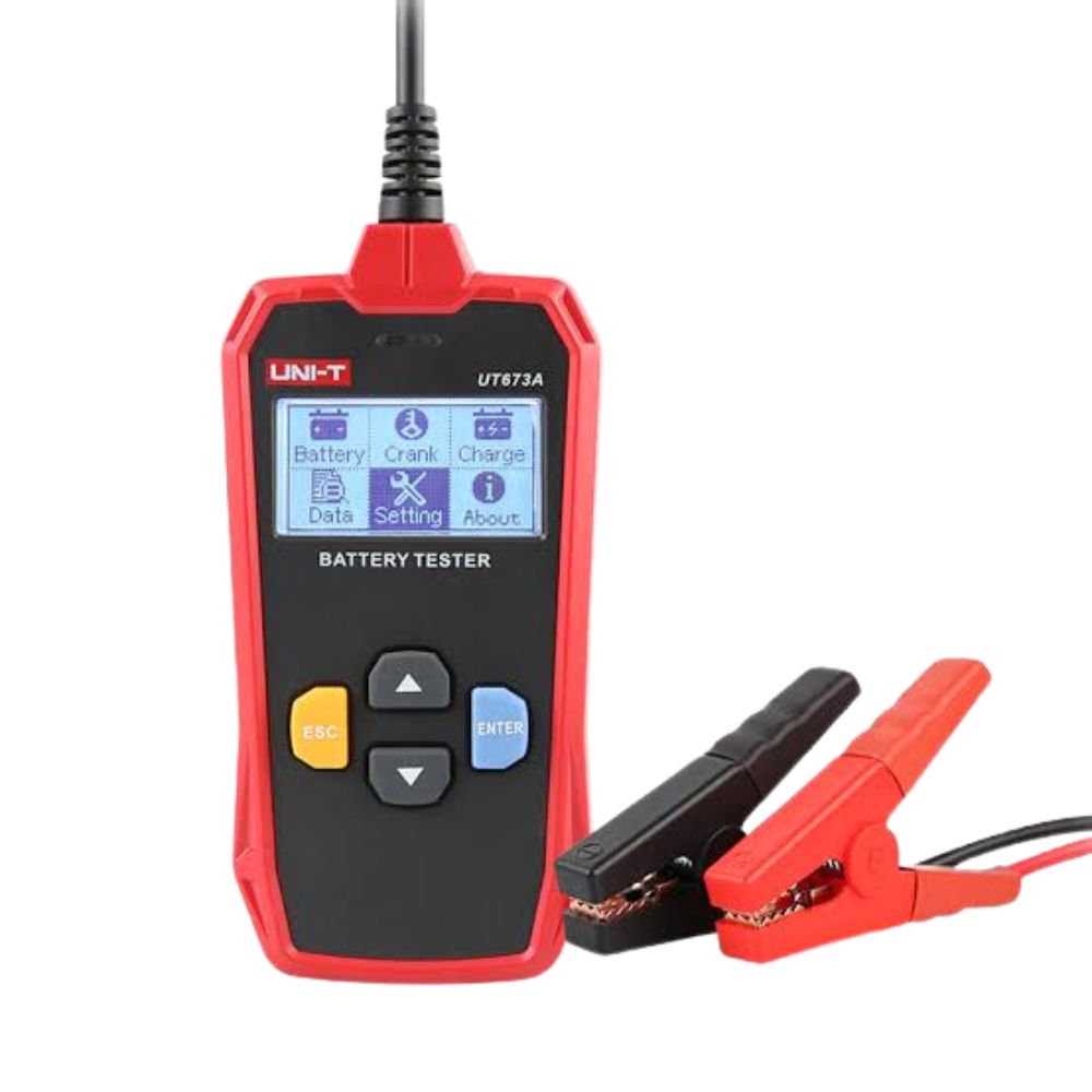 UNI-T UT673A automotive battery tester full view showing display and control buttons