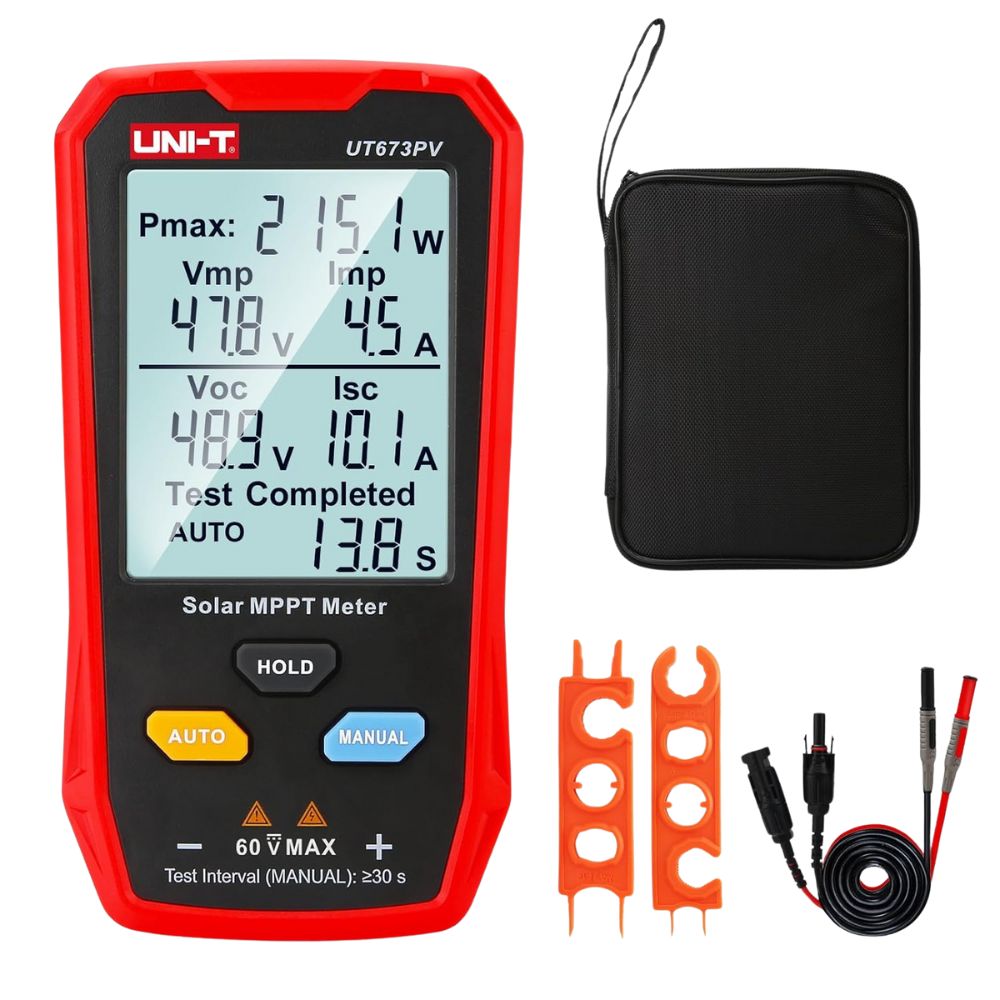 Professional UNI-T UT673PV Solar Panel Tester full kit including carrying pouch and MC4 test leads for photovoltaic system maintenance in Colombo.