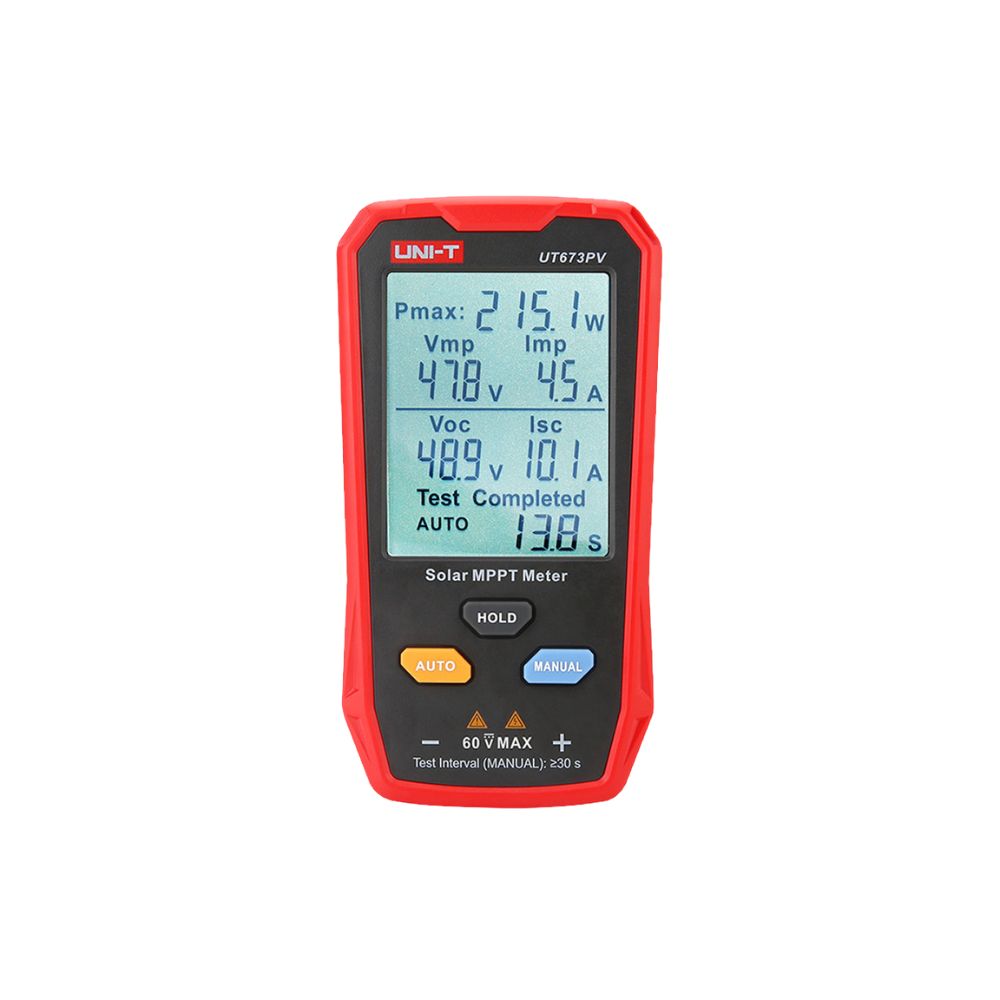 UNI-T UT673PV Solar MPPT Meter display showing real-time Pmax 215.1W and Vmp 47.8V during an auto-mode efficiency test on a PV module in Sri Lanka.
