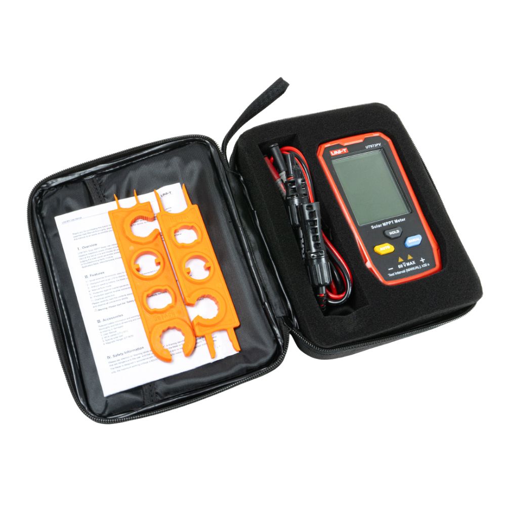 UNI-T UT673PV Solar MPPT Meter and MC4 connector tools securely packed in a professional soft carrying case for on-site field inspections.