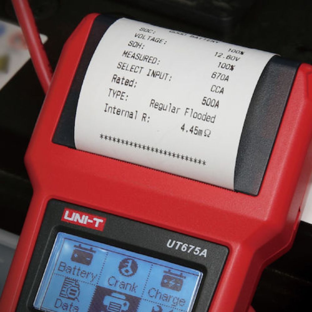 UNI-T UT675A battery tester built-in printer printing a test report
