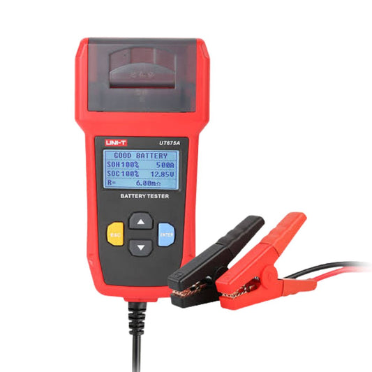 UNI-T UT675A automotive battery tester front view showing display screen and test leads