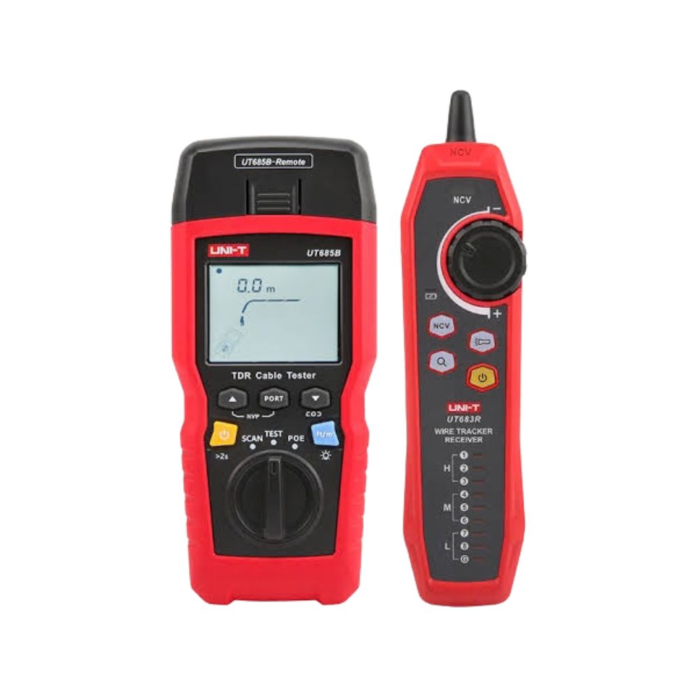 UNI-T UT685B KIT TDR cable tester showing main unit and UT683R wire-tracking receiver in front view