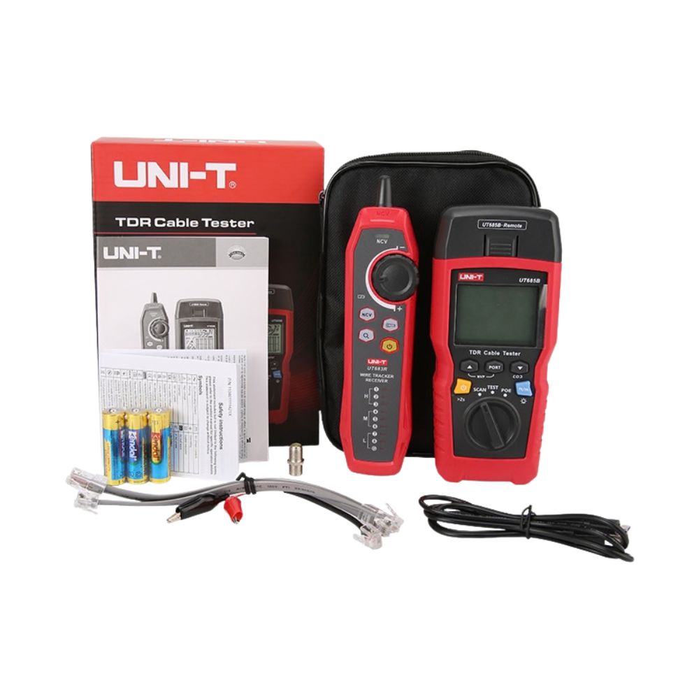 UNI-T UT685B KIT TDR cable tester full set with main unit, UT683R receiver, adapting cables, F-connector plug, carrying bag and accessories