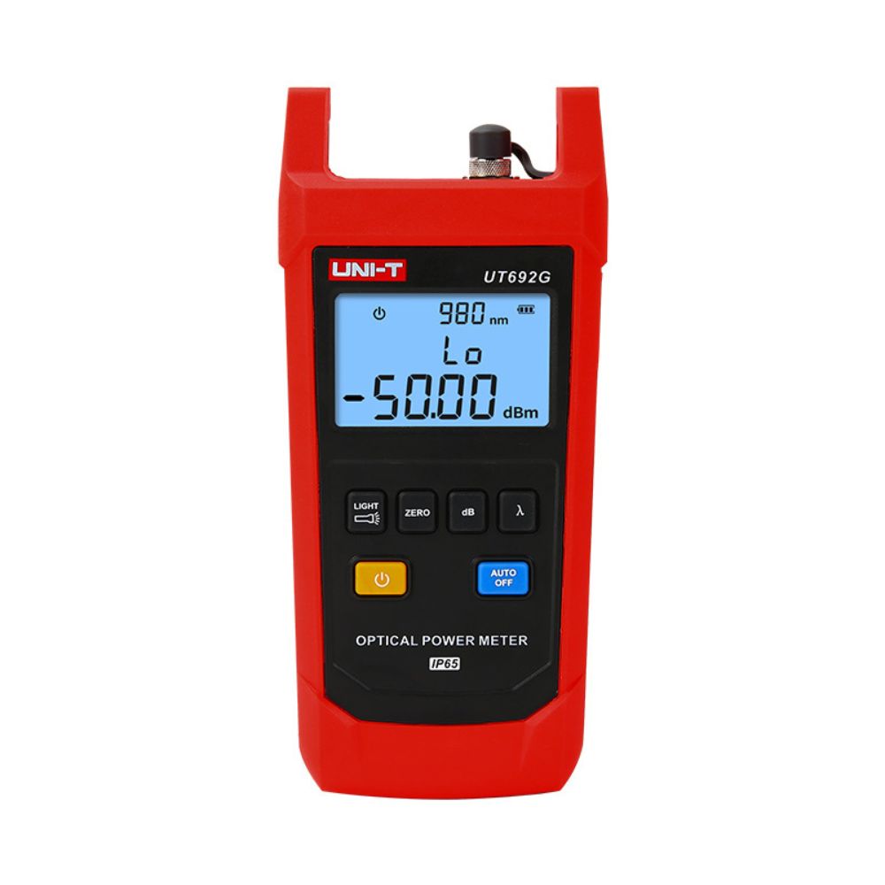 Front view of the UNI-T UT692G High-Range Optical Power Meter displaying absolute optical loss measurement settings.