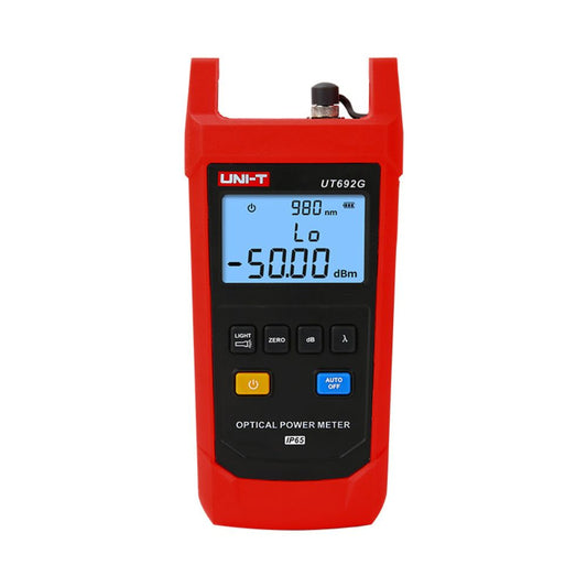 Front view of the UNI-T UT692G High-Range Optical Power Meter displaying absolute optical loss measurement settings.