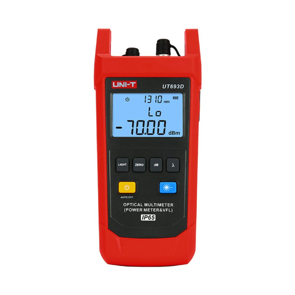 Front view of the UNI-T UT693D Optical Multimeter showing the combined power measurement and visual fault locator display.