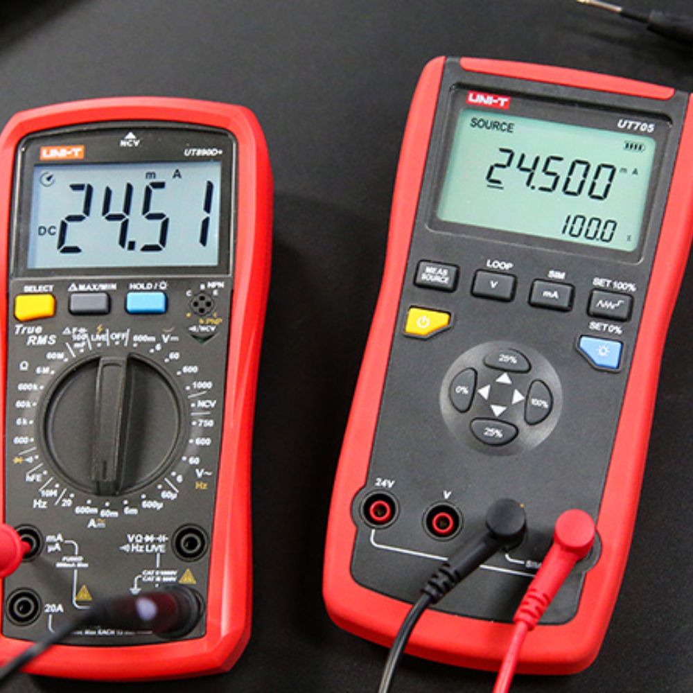 UNI-T UT705 Single Function Loop Process Calibrator actively calibrating digital multimeter using 4-20mA current loop signal with precision measurement terminals connected for accurate process instrument verification.