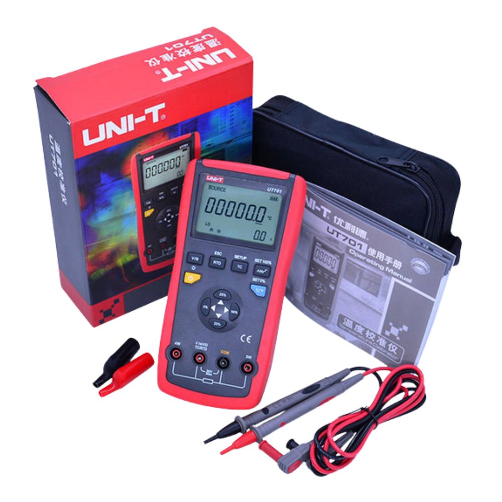 Complete UNI-T UT705 Loop Process Calibrator kit including main unit, test leads, alligator clips, 9V battery, carrying case, quick start manual, and adapters for comprehensive 4-20mA loop calibration.