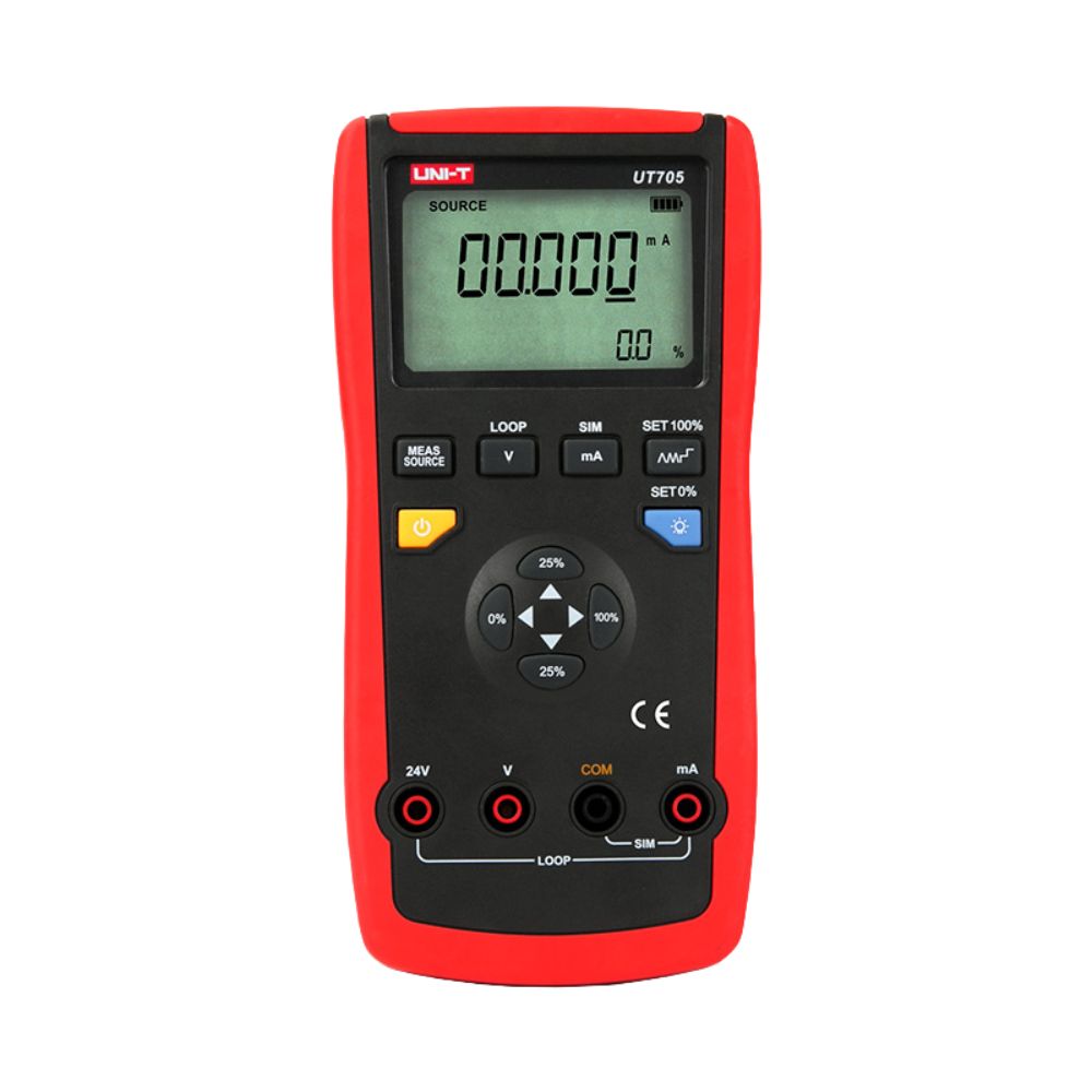 Front view of UNI-T UT705 Single Function Loop Process Calibrator displaying large LCD screen, rotary dial, function buttons, 4-20mA output terminals, and rugged housing for industrial process control testing.