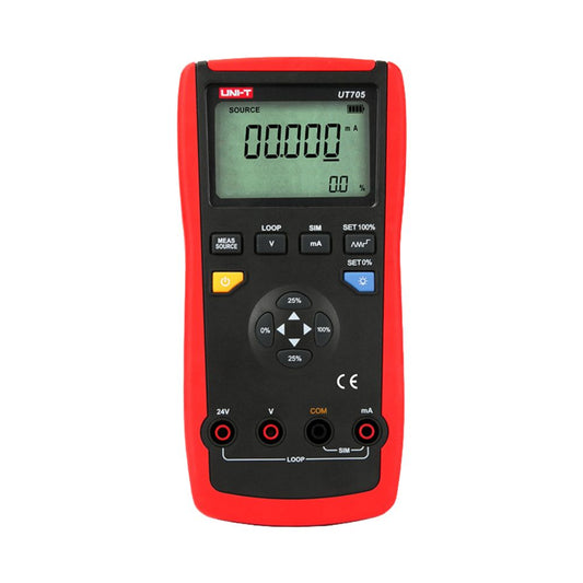 Front view of UNI-T UT705 Single Function Loop Process Calibrator displaying large LCD screen, rotary dial, function buttons, 4-20mA output terminals, and rugged housing for industrial process control testing.