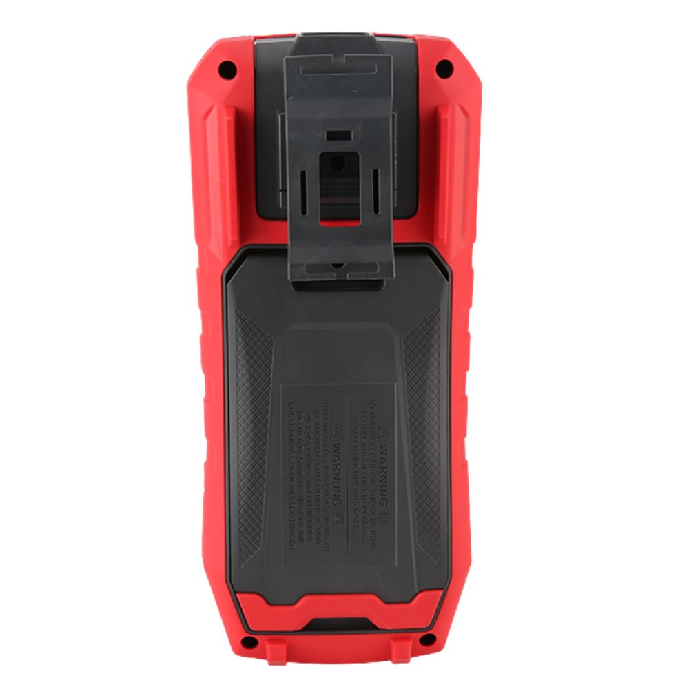 UNI-T UT714 back view showing battery compartment, belt clip and kickstand for portable industrial temperature calibration work.