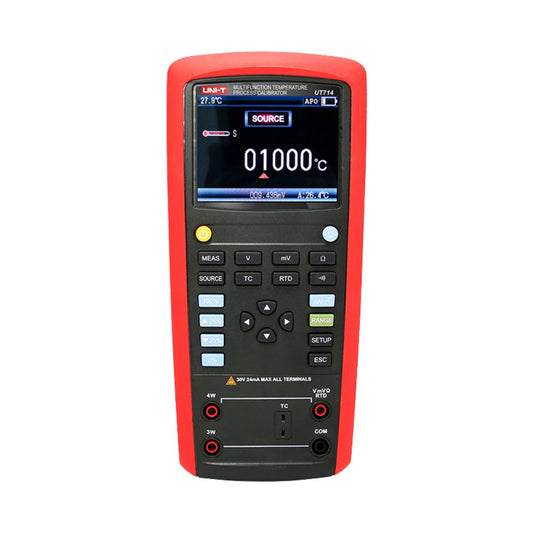UNI-T UT714 multifunction temperature process calibrator front view with display on for thermocouple and RTD source/measure calibration.