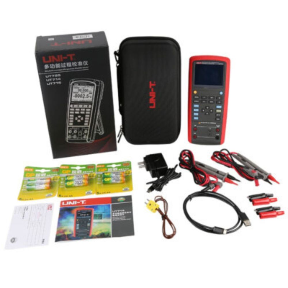 UNI-T UT714 temperature process calibrator full set with test leads and accessories for calibrating temperature sensors, transmitters and instruments.