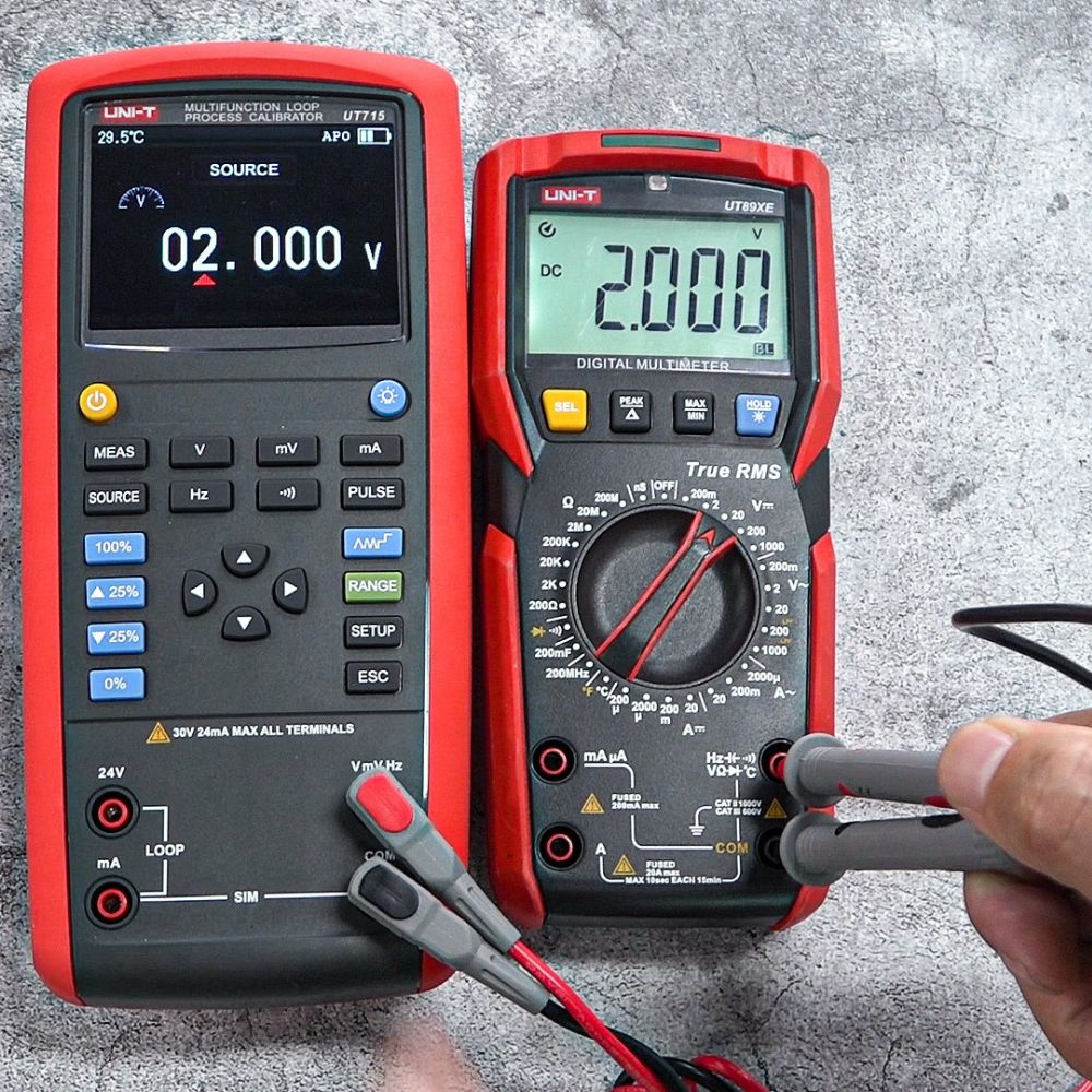 UNI-T UT715 multifunction loop process calibrator performing advanced multimeter and process signal calibration using 4–20 mA, DC voltage and frequency outputs.