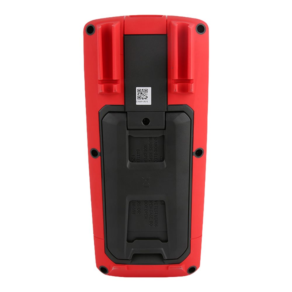 Back view of the UNI-T UT715 loop process calibrator showing rechargeable AA battery compartment and back stand for portable field loop calibration.