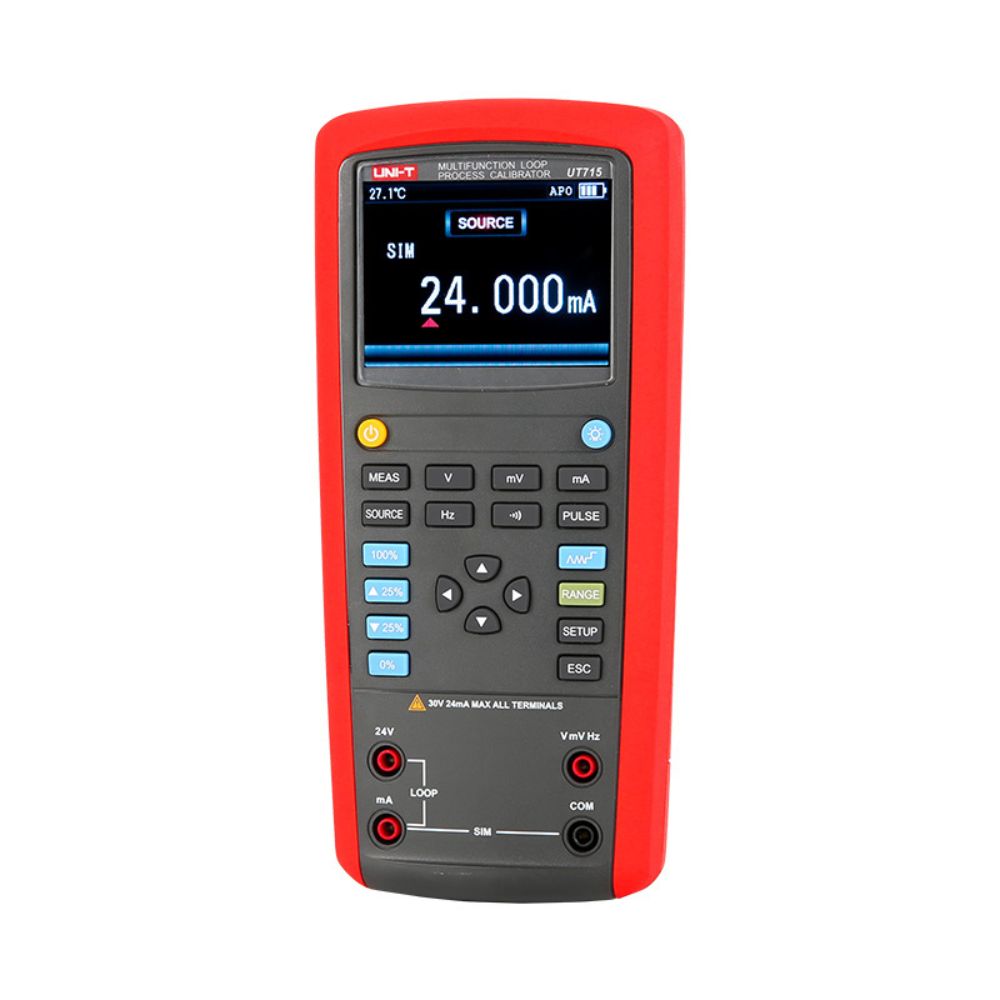 UNI-T UT715 multifunction loop process calibrator front view with display on showing 4–20 mA loop current and DC voltage measurement.