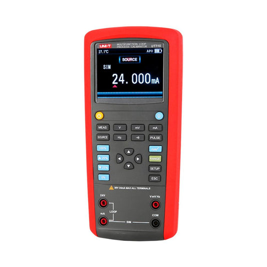 UNI-T UT715 multifunction loop process calibrator front view with display on showing 4–20 mA loop current and DC voltage measurement.