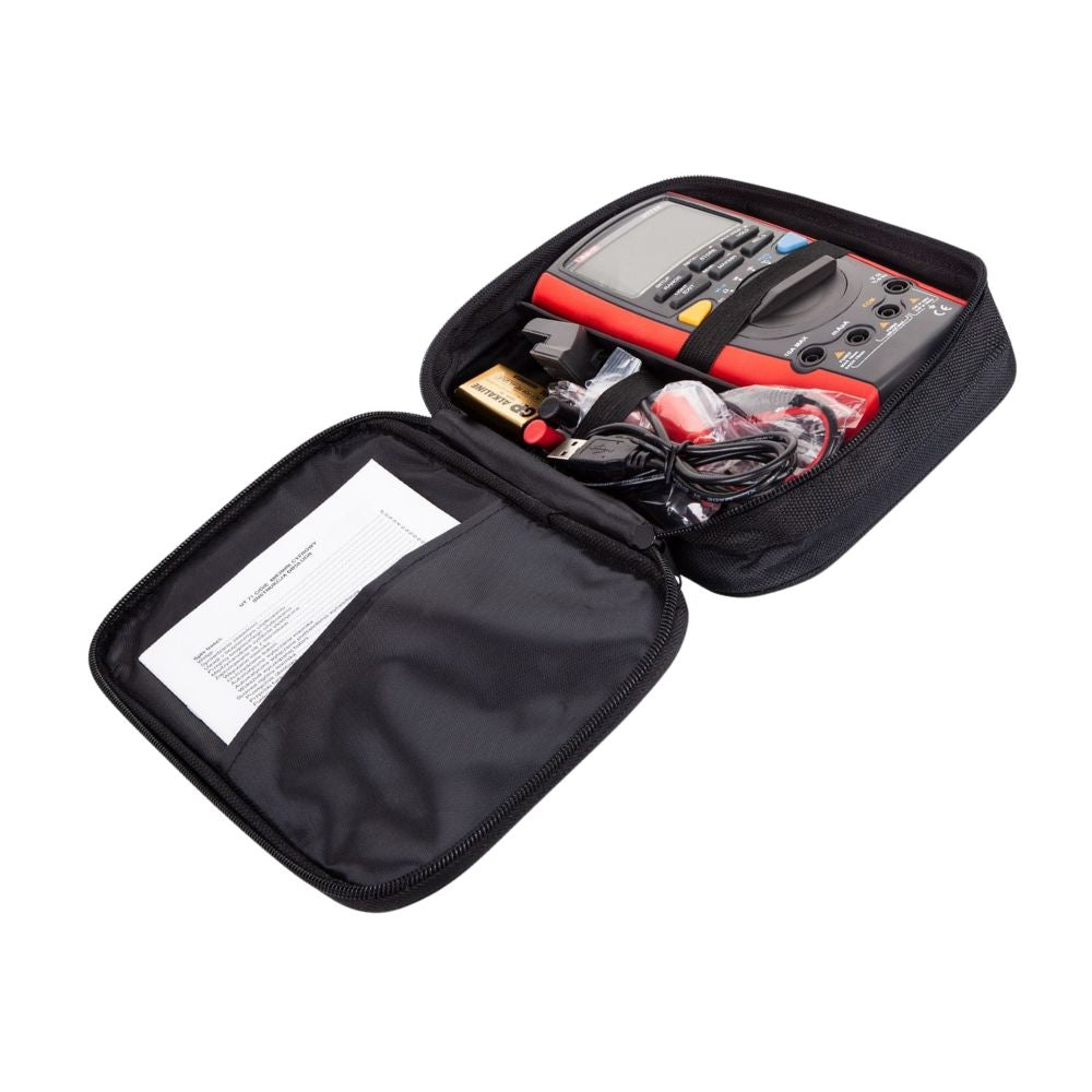 UNI-T UT71E True RMS Data Logging Digital Multimeter neatly arranged inside protective soft carrying pouch with accessories - Portable professional multimeter storage solution Sri Lanka.
