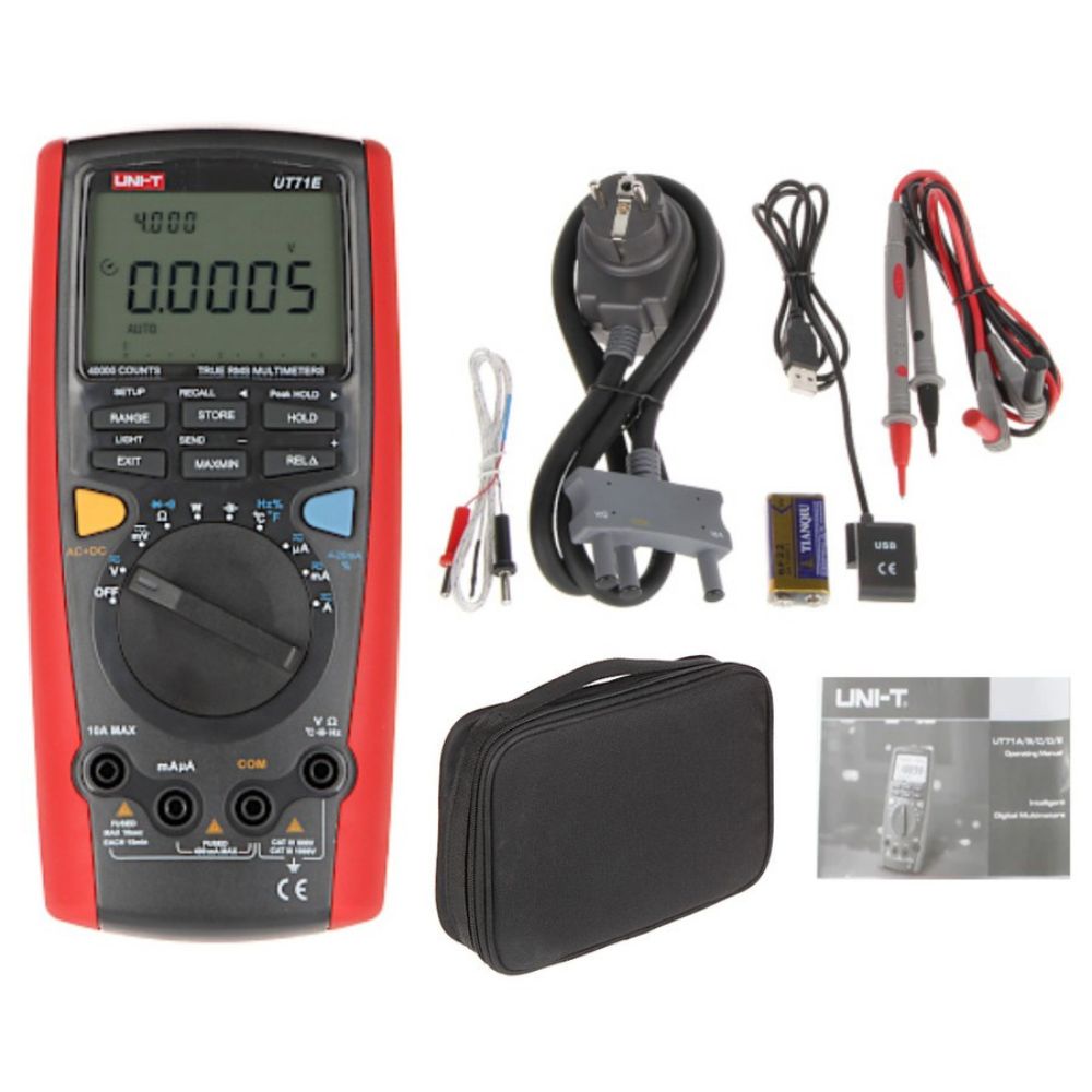 UNI-T UT71E True RMS Intelligent Data Logging Digital Multimeter complete package set with test leads, USB cable, temperature probe, power adaptor, software CD and carrying bag - 40000-count precision multimeter Sri Lanka.