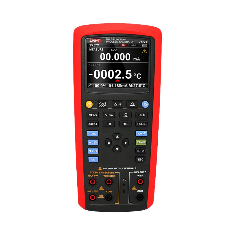 UNI-T UT725 multifunction process calibrator front view with LCD display on, showing simultaneous mA current, DC voltage and temperature measurement modes.