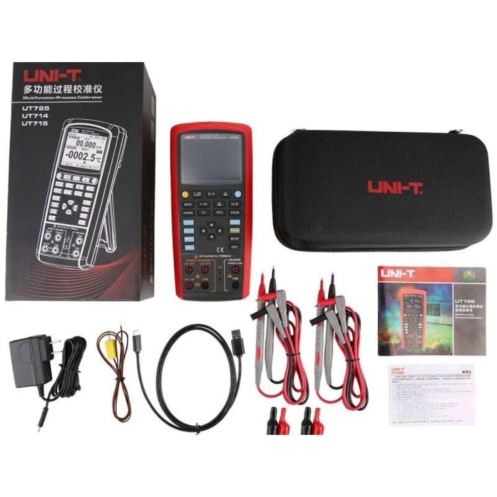 UNI-T UT725 advanced multifunction process calibrator complete kit including test leads, USB cable, temperature probe, power adapter for loop calibration and RTD/thermocouple testing.